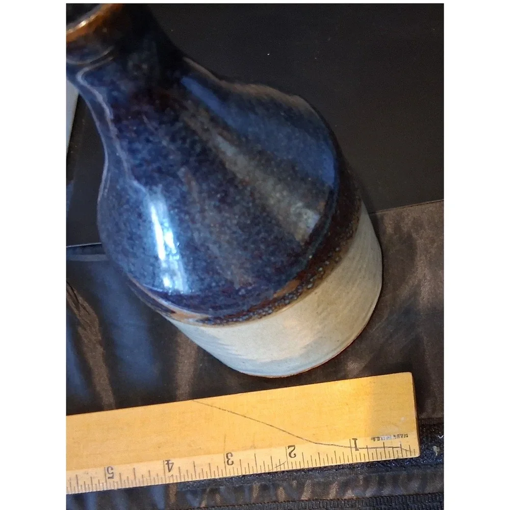Signed Studio Pottery Vase Blue Beige Two Tone Glazed Bottle 7 Inch